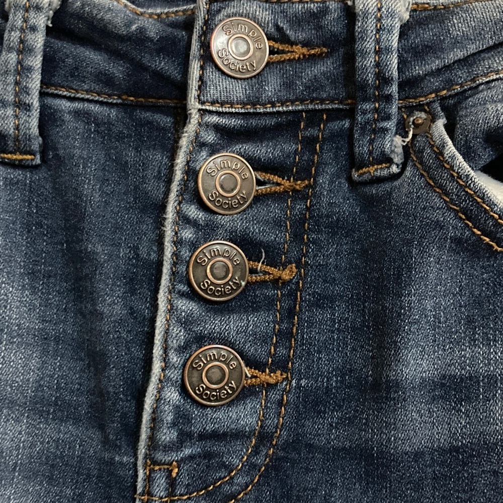 High-Rise Dark Blue Distressed Skinny Jeans with Button Fly - Picture 4 of 8